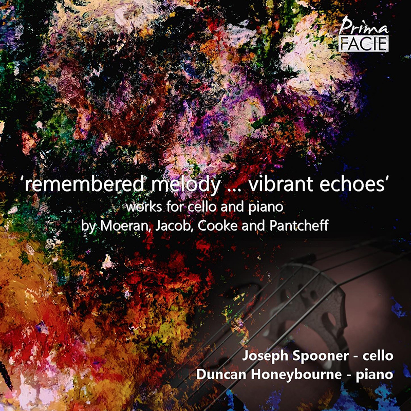 CD cover with abstract image featuring text 'remembered melody ... vibrant echoes' Works for cello and piano by Moeran, Jacob, Cooke, and Pantcheff